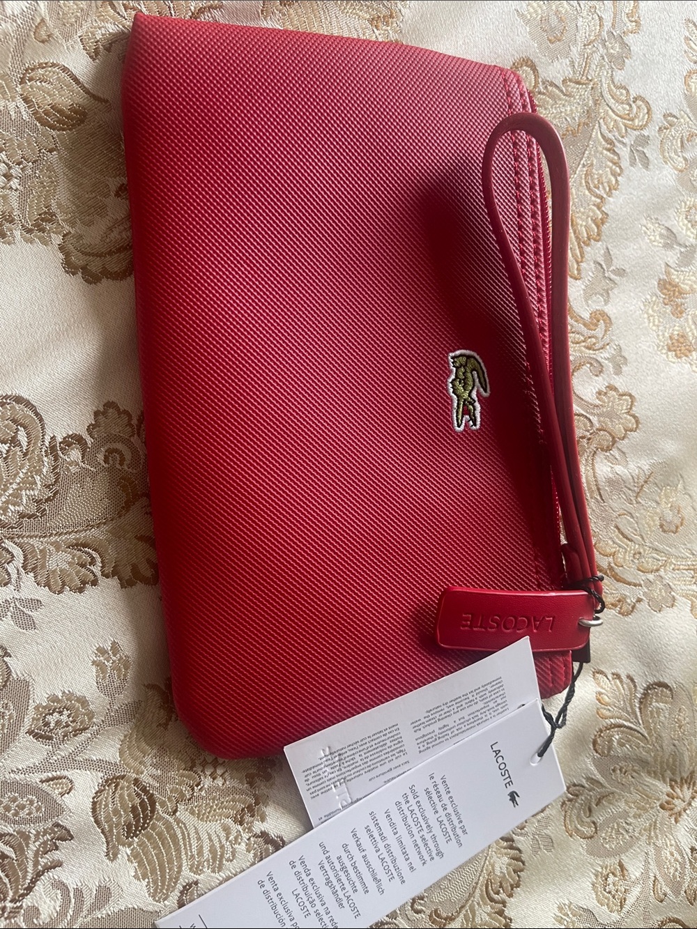 Lacoste Red Textured Wristlet with Signature Crocodile
